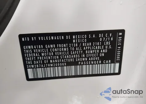 2017 Volkswagen Jetta 1.4T S from USA, damaged, VIN 3VW2B7AJ7HM209969